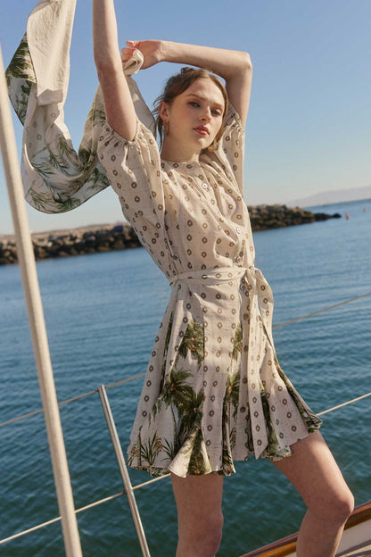 Printed Swing Dress with Coordinating Sash in sand by Current Air
