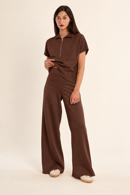 Sleeveless Quarter Zip Sweatshirt in chocolate by Molly Bracken