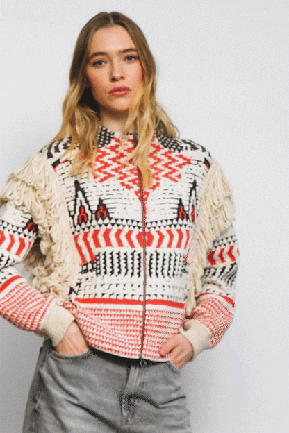 Cantos Textured Fringe Sweater Jacket in red by Aldo Martins