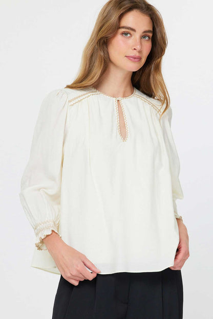 Round Neck Keyhole 3/4 Sleeve with Contrast Embroidery in natural by Current Air