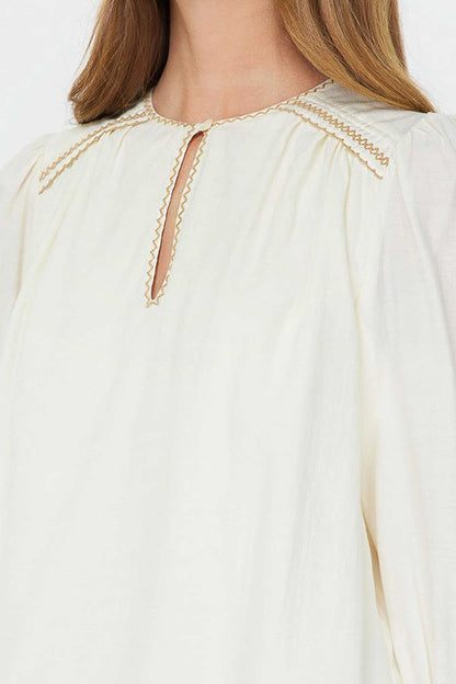 Round Neck Keyhole 3/4 Sleeve with Contrast Embroidery in natural by Current Air