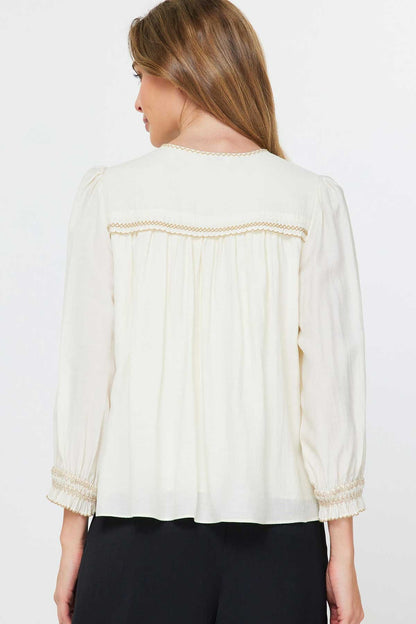 Round Neck Keyhole 3/4 Sleeve with Contrast Embroidery in natural by Current Air