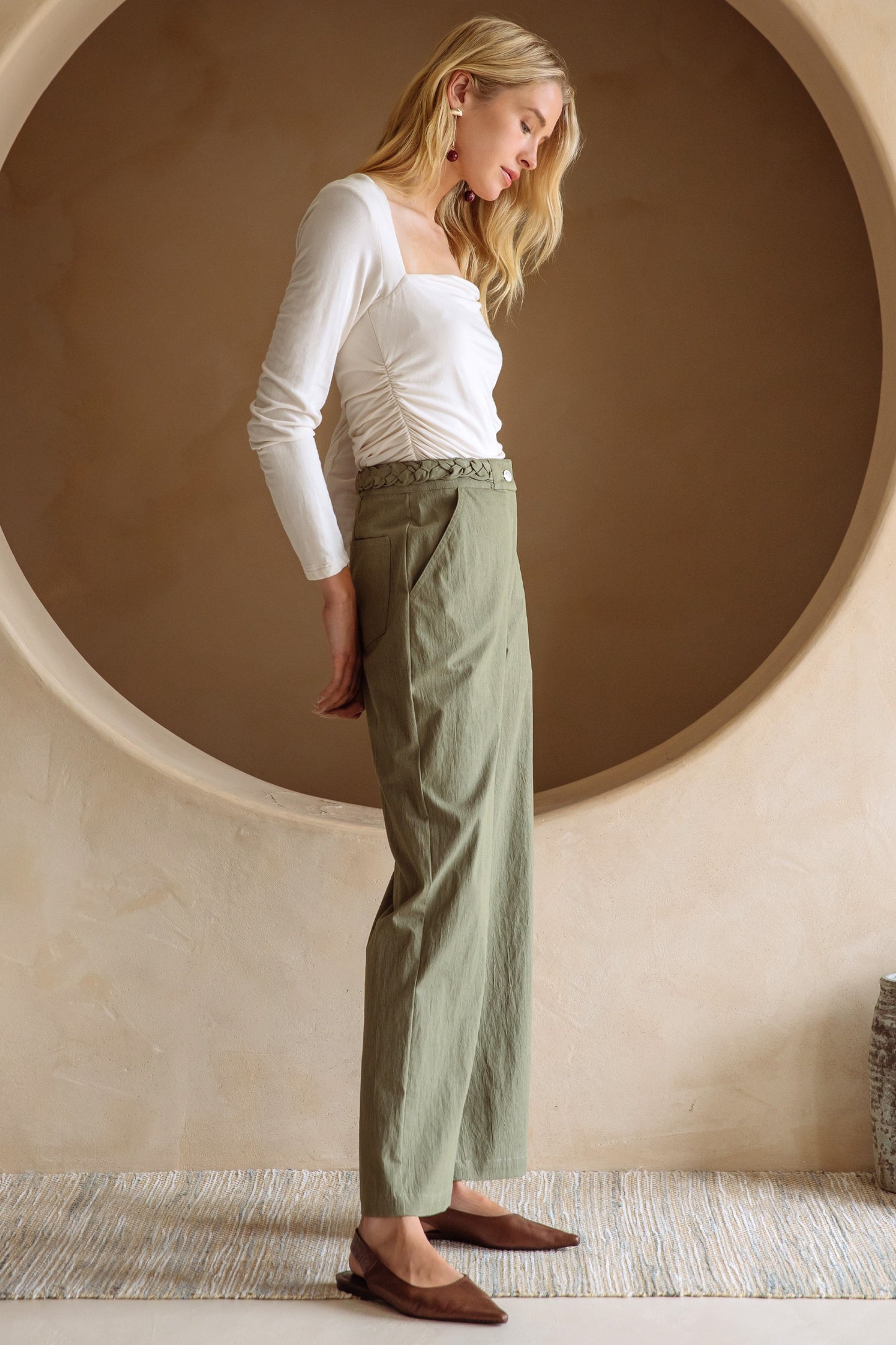 Braided Waist Straight Pants in olive by Skies are Blue