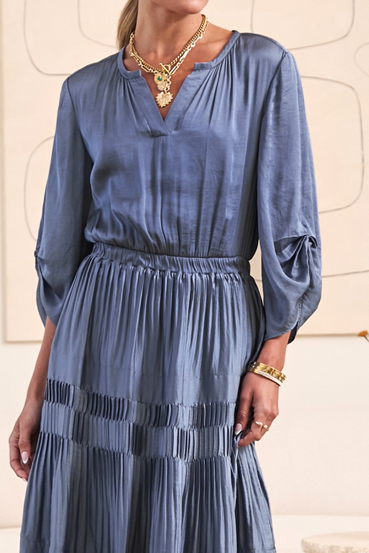 Long Sleeve Split Neck Maxi Dress with Pleated Skirt in slate blue by Current Air