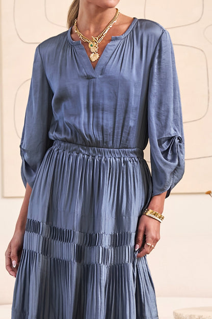 Long Sleeve Split Neck Maxi Dress with Pleated Skirt in slate blue by Current Air
