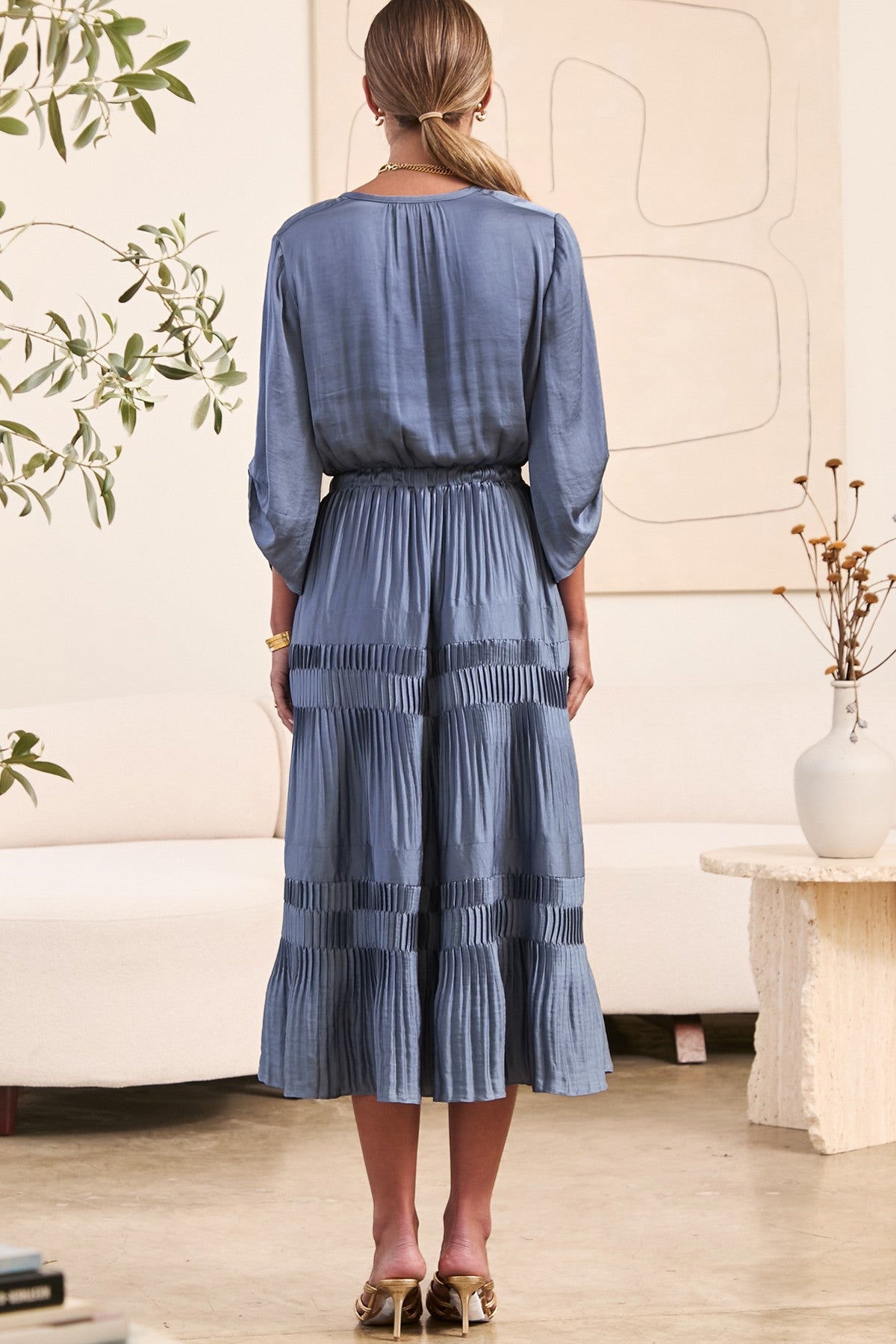 Long Sleeve Split Neck Maxi Dress with Pleated Skirt in slate blue by Current Air
