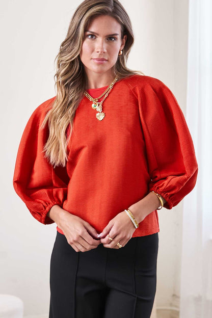 Round Neck Voluminous Paneled 3/4 Sleeve Blouse in amber by Current Air