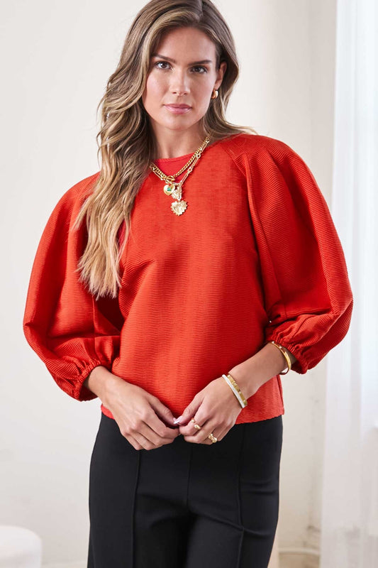 Round Neck Voluminous Paneled 3/4 Sleeve Blouse in amber by Current Air