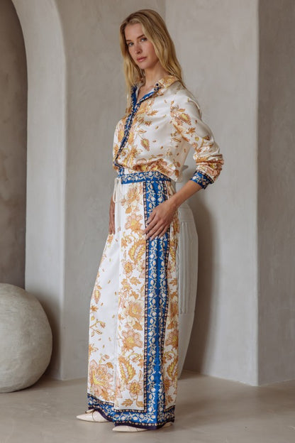 Silky Drawstring Print Pant in ivory by Skies are Blue