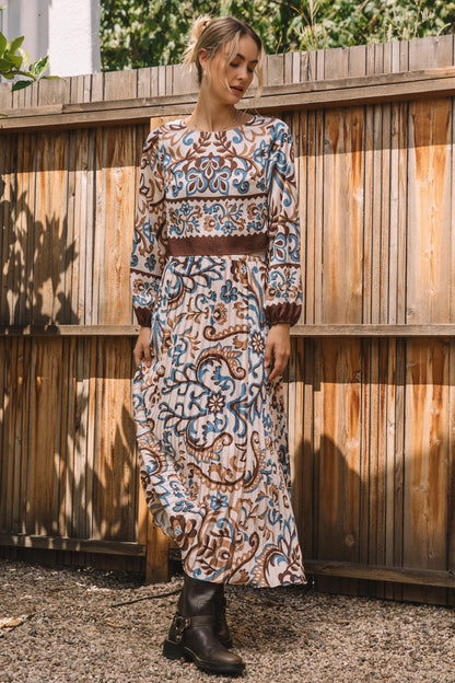 Printed Pleated Maxi Skirt in ivory/brown/blue by Skies are Blue