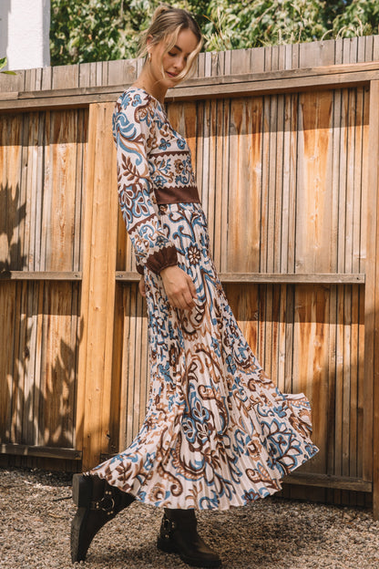 Long Sleeve Printed Blouse in ivory/brown/blue by Skies are Blue