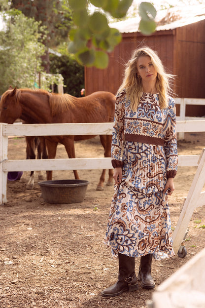 Printed Pleated Maxi Skirt in ivory/brown/blue by Skies are Blue