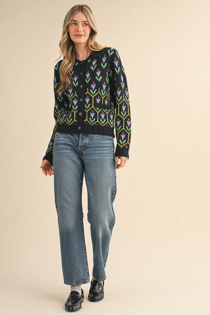 Floral Knit Collared Sweater Cardigan in black multi by &Merci