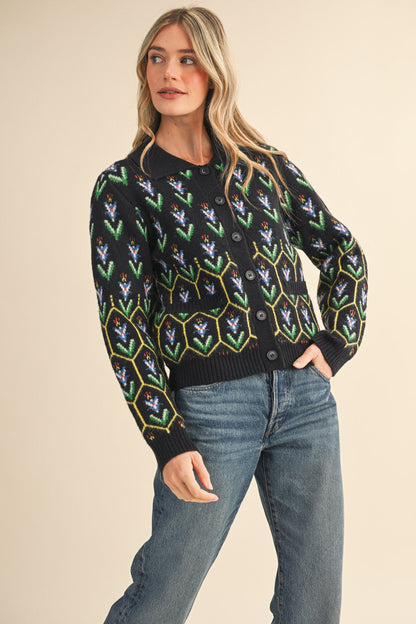 Floral Knit Collared Sweater Cardigan in black multi by &Merci