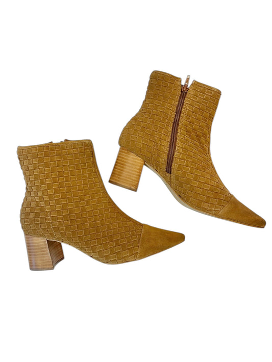 Henrietta Woven Suede Bootie in caramel by Bruno Menegatti