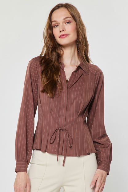 Stripe Button Up Blouse in mocha by Current Air