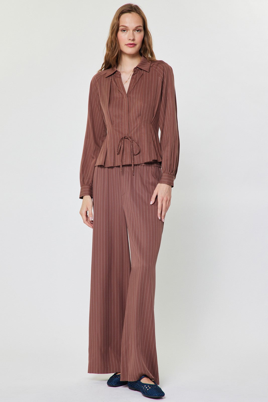 Stripe Button Up Blouse in mocha by Current Air