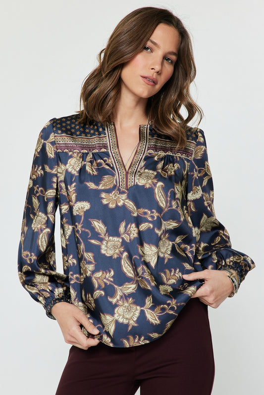 Floral Border Printed Blouse in multi by Current Air
