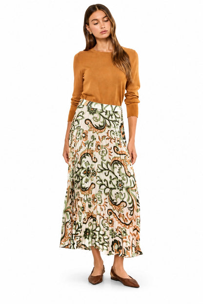Printed Pleated Skirt in ivory/olive by Skies Are Blue