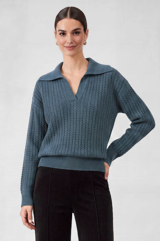 Open Collar Pullover Cable Knit Sweater in dusty blue by Current Air