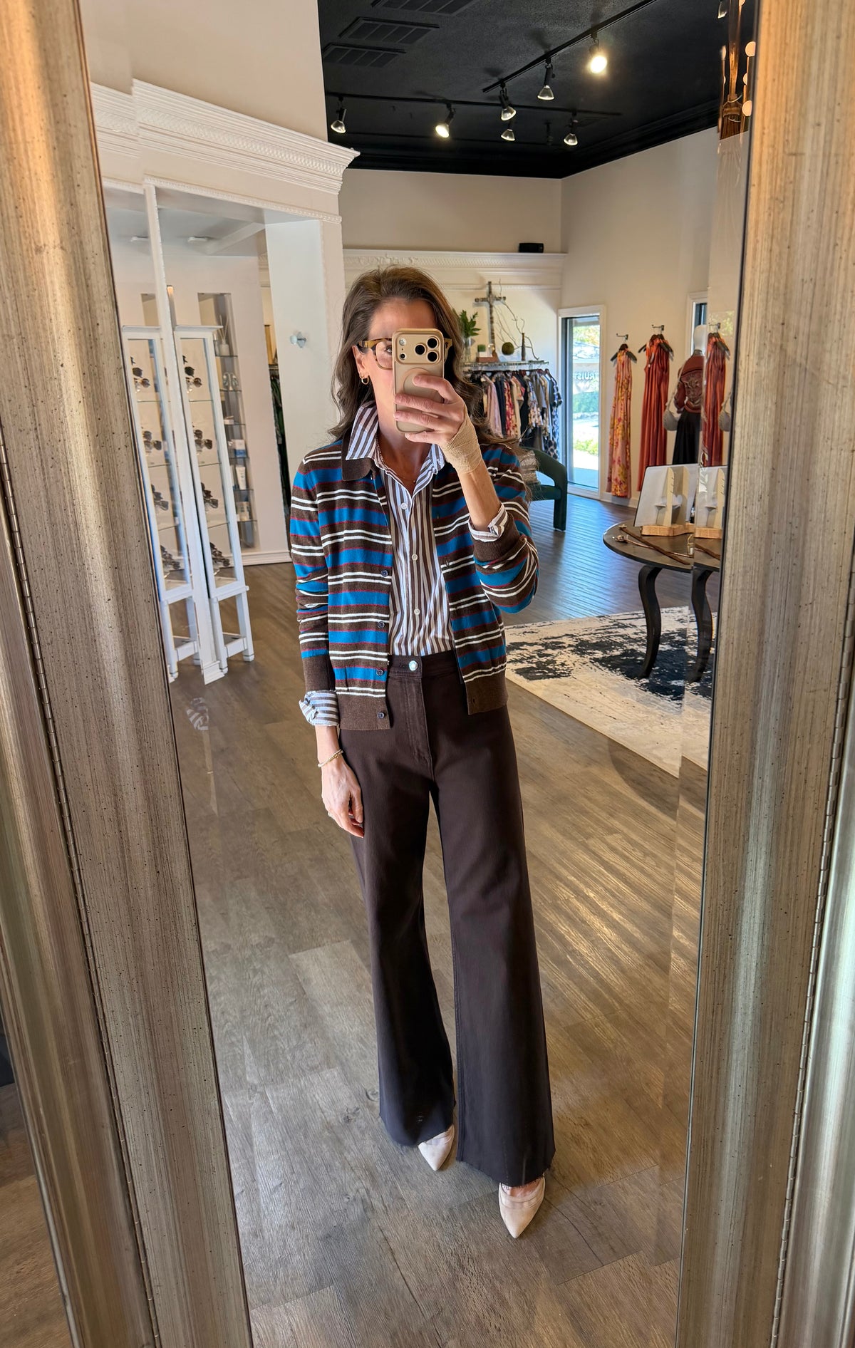 Dolman Sleeve Button Down Shirt in chestnut stripe by Lilla P
