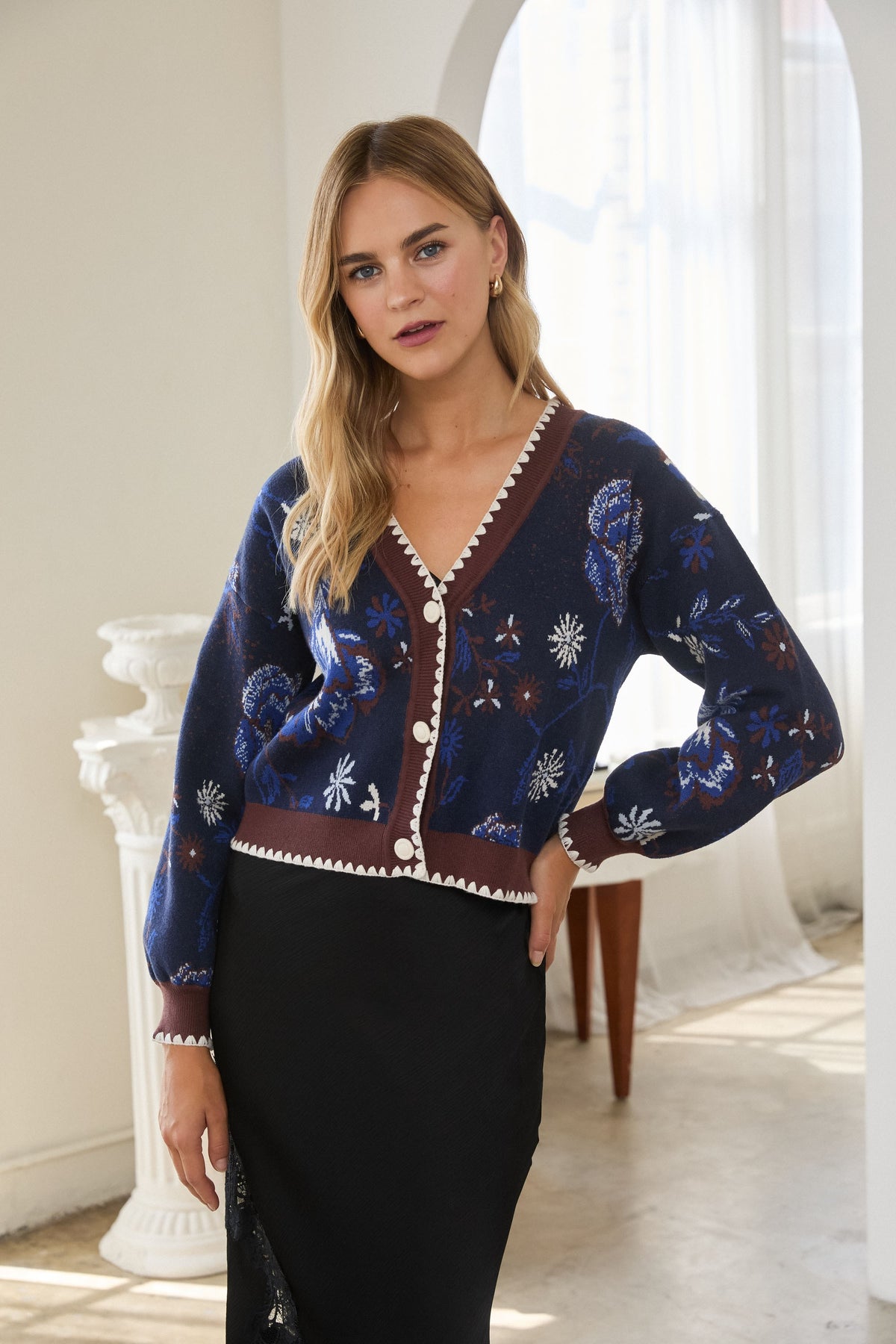Floral Intarsia Sweater Cardigan in navy by Skies Are Blue