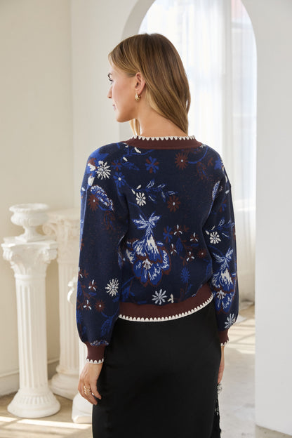 Floral Intarsia Sweater Cardigan in navy by Skies Are Blue