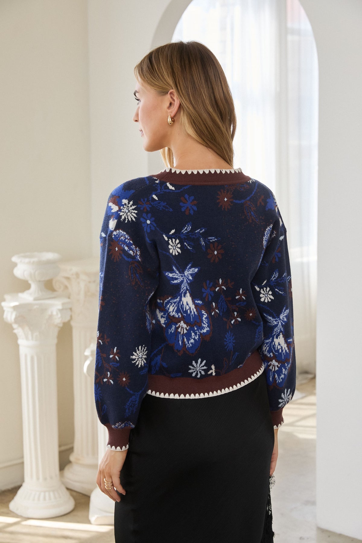 Floral Intarsia Sweater Cardigan in navy by Skies Are Blue