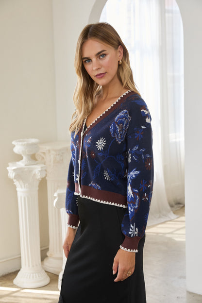 Floral Intarsia Sweater Cardigan in navy by Skies Are Blue