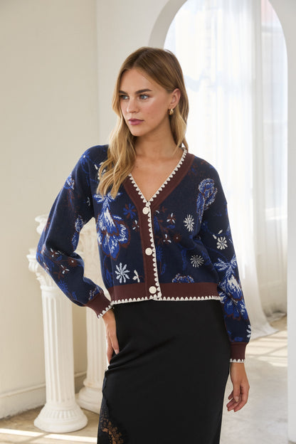 Floral Intarsia Sweater Cardigan in navy by Skies Are Blue