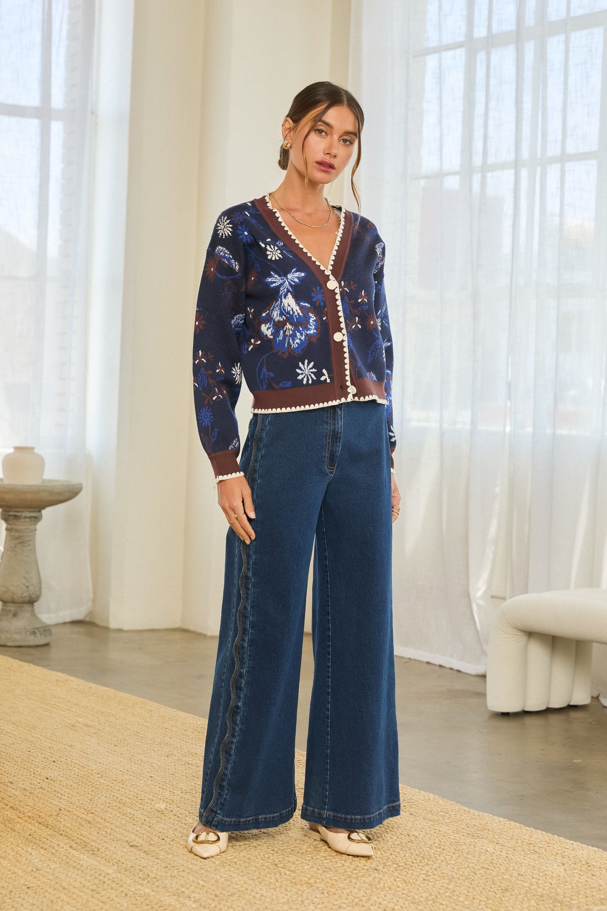 Floral Intarsia Sweater Cardigan in navy by Skies Are Blue