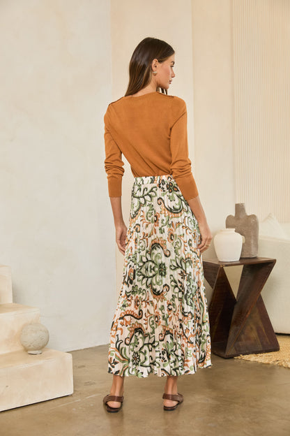 Printed Pleated Skirt in ivory/olive by Skies Are Blue