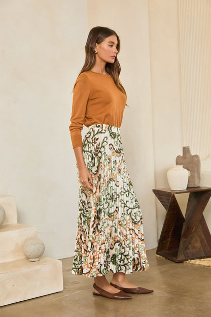 Printed Pleated Skirt in ivory/olive by Skies Are Blue