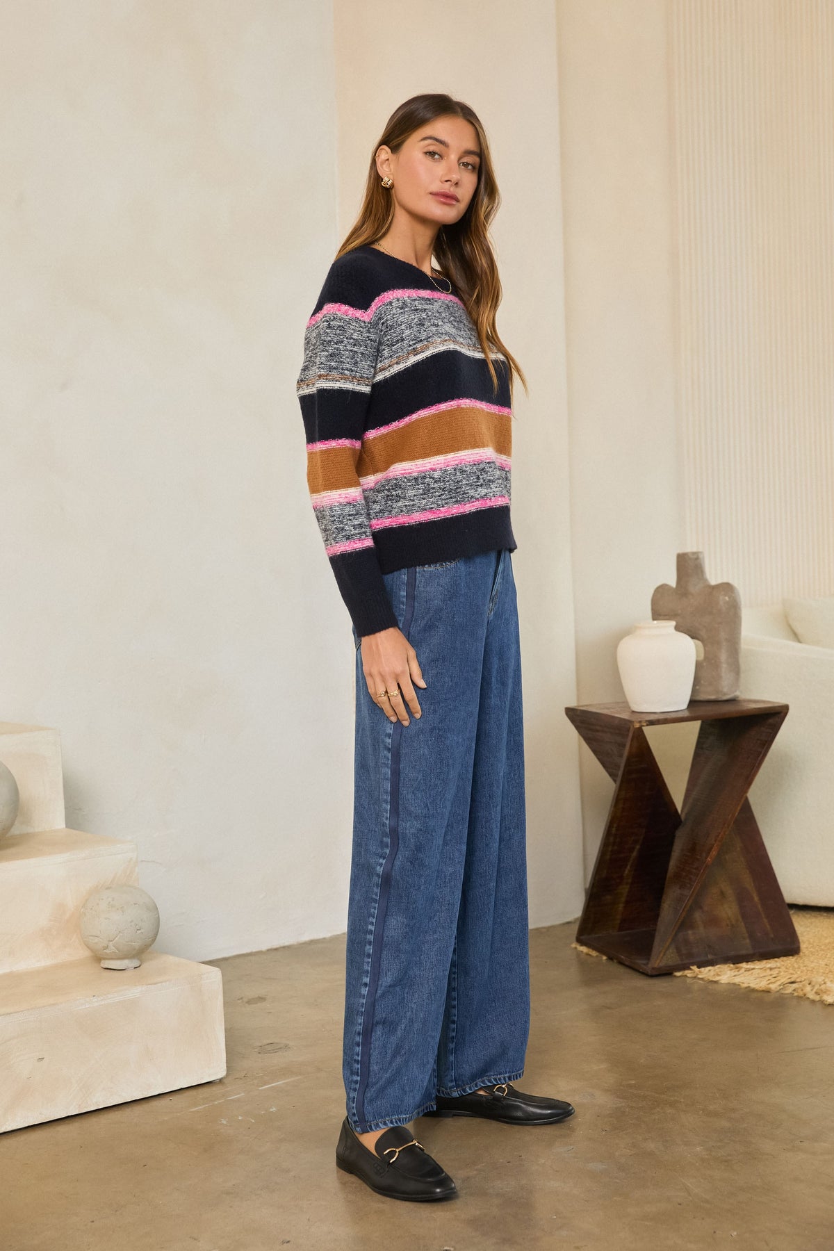 Marled Color Block Sweater in navy/pink by Skies Are Blue