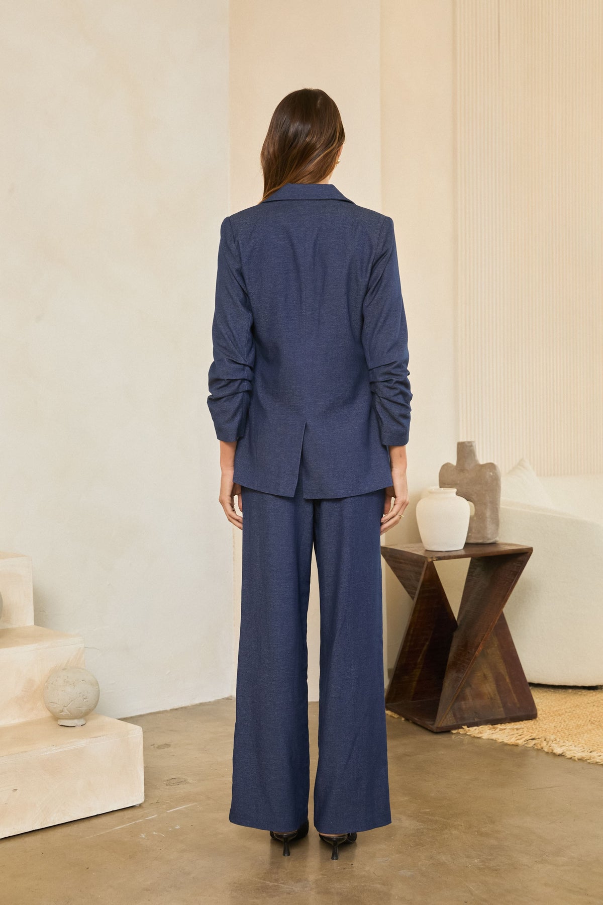 Ruched Sleeve Blazer in dark denim by Skies Are Blue
