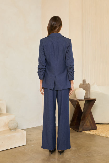 Ruched Sleeve Blazer in dark denim by Skies Are Blue