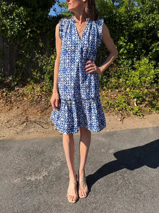 Nikki Sleeveless Mini Dress in blue/white by Fitzroy & Willa