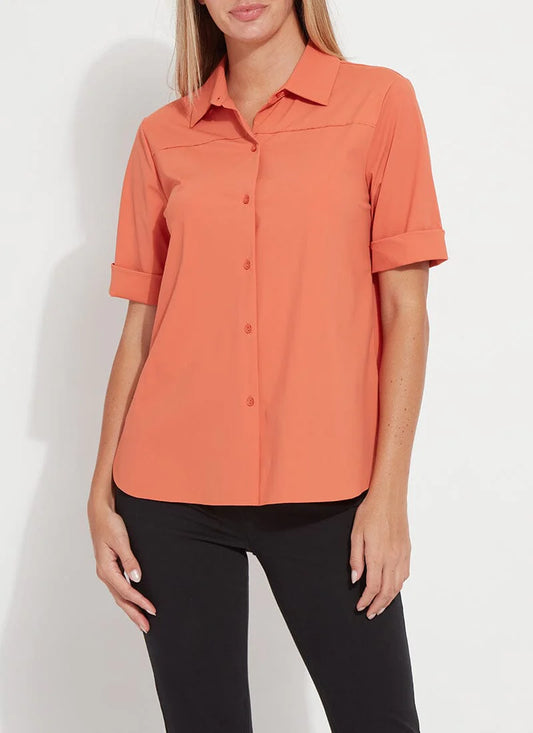 Josie Short Sleeve Button Down in vibrant apricot by Lysse