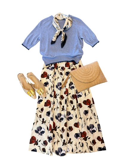Elastic Waist Paneled Skirt in blue poppy print by Lilla P