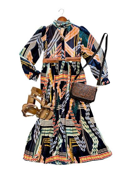 Geo Print Midi Dress with Pleated Skirt in multi by Stellah