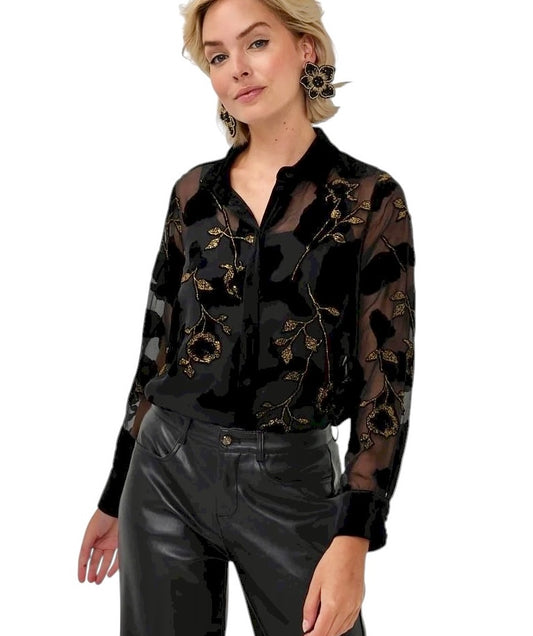 Burnout Flower Blouse in black by Esqualo