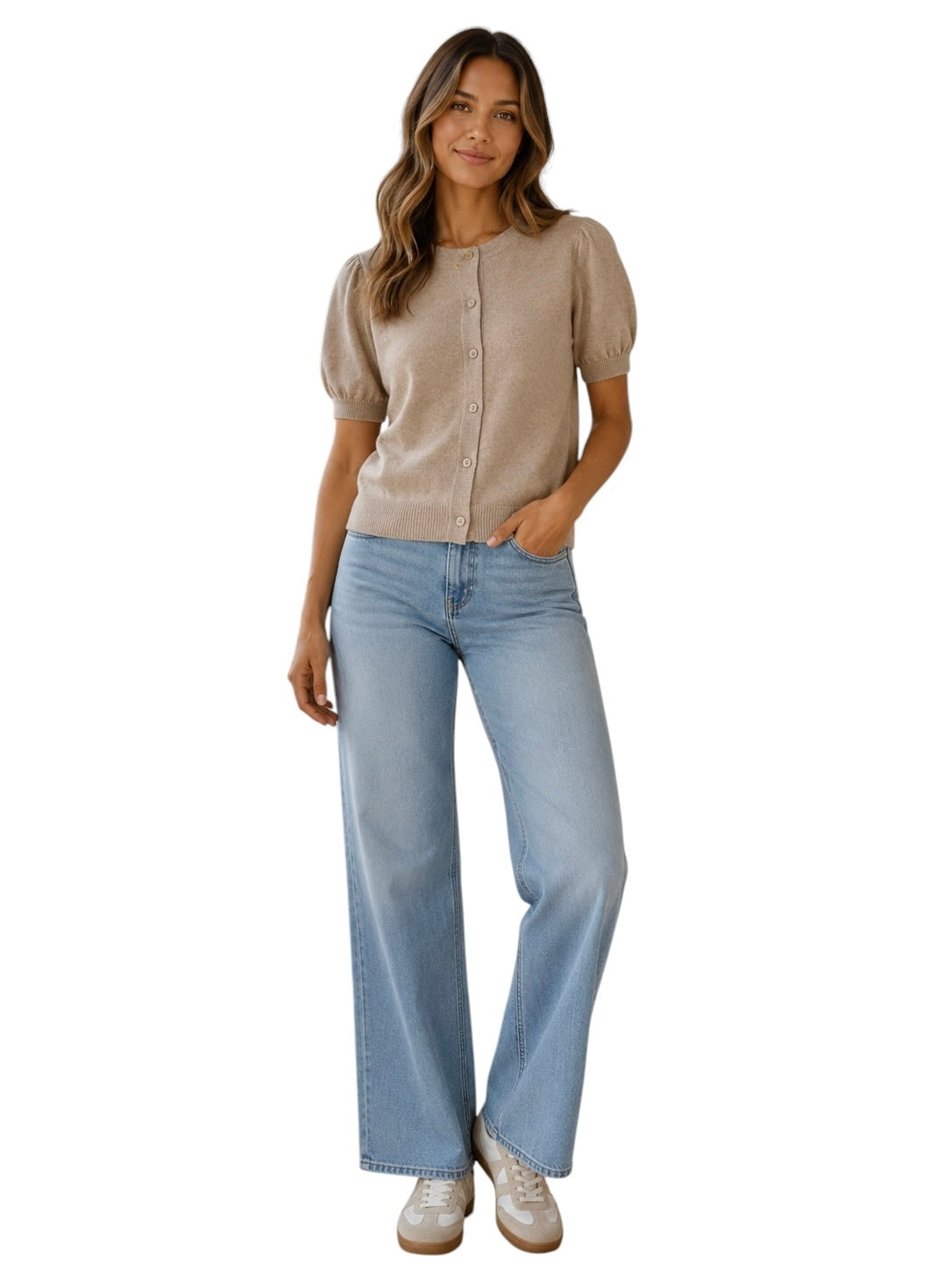 Blair Crewneck Cardigan in fawn by Dylan