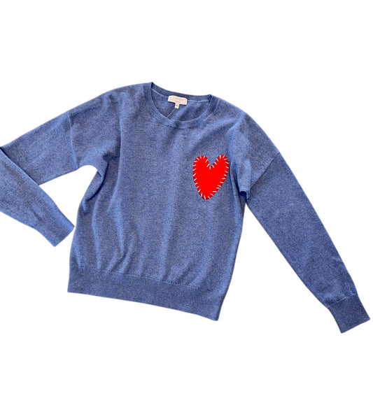 Embroidered Heart Crew Neck in azure/red by J. Society