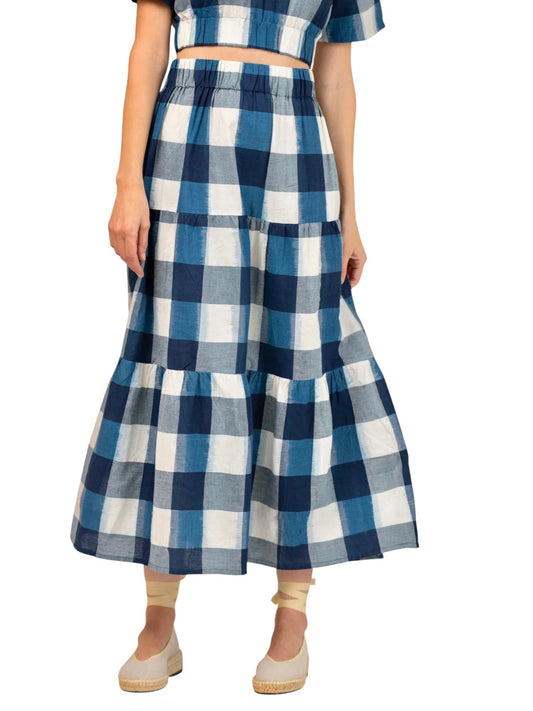 Abby Check Ikat Maxi Skirt in navy blue by Beau & Ro