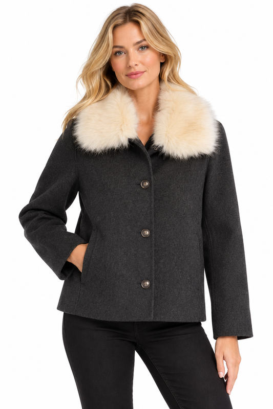 Clara Fur-Trimmed Melton Coat in black by Dylan