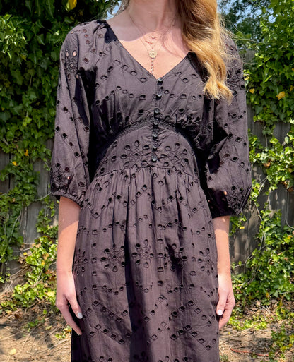 Eyelet Maxi Dress in black by Molly Bracken