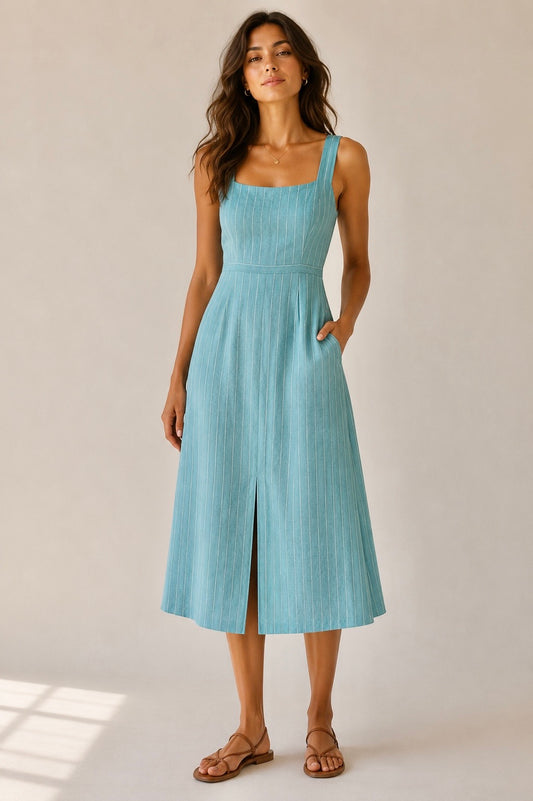 Lurex Striped Linen Dress in crystal by Haris Cotton