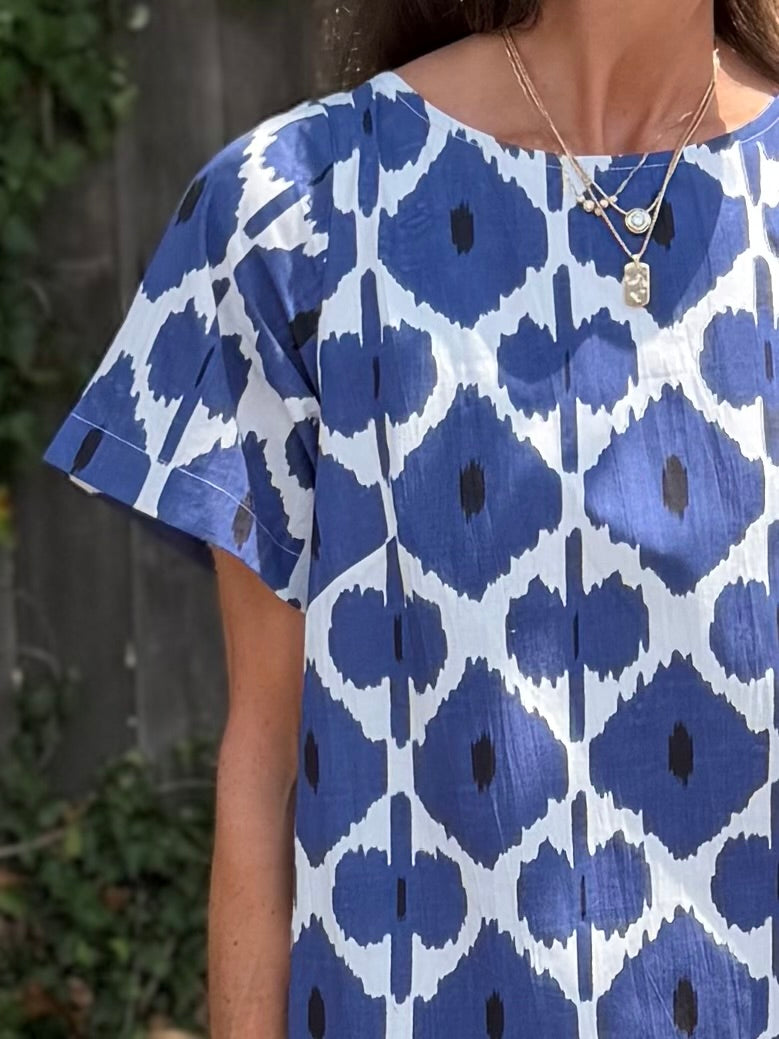 Edie Short Sleeve Mini Dress in indigo diamond by Fitzroy & Willa