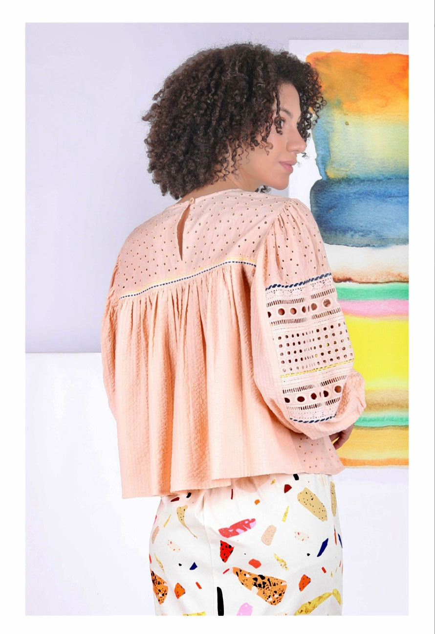 Crimson Embroidered Eyelet Top in blush pearl by Conditions Apply