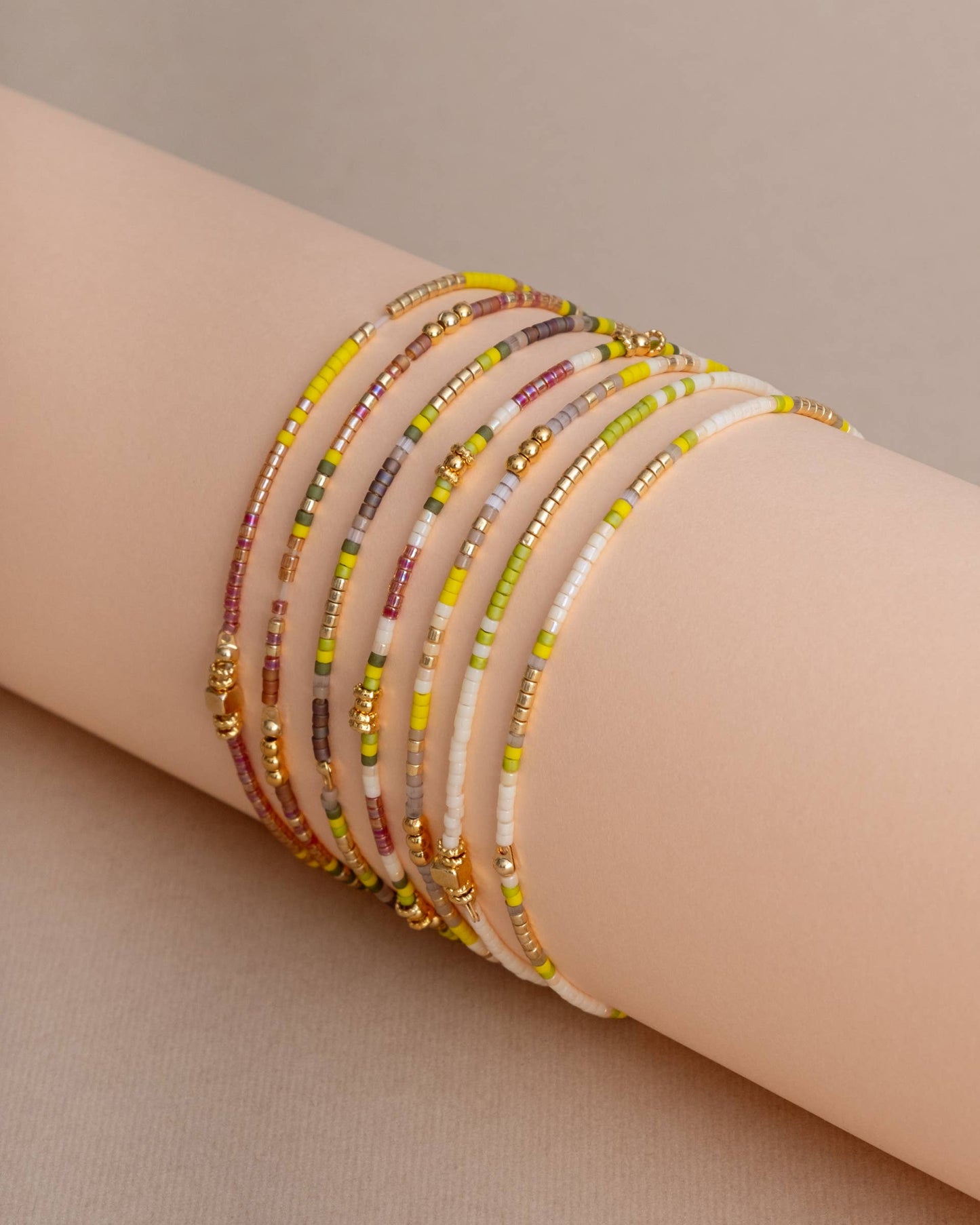 Set/7 Miyuki Beaded Stretch Bracelets (Citron/Tan/Cream)
